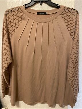 Automot Beige Crochet-Sleeve Pleated Long Sleeve Top